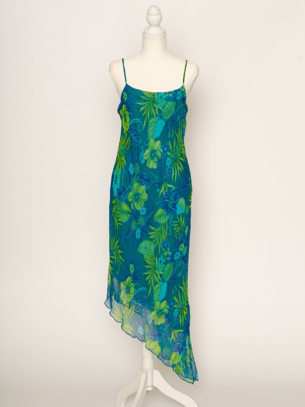 Size 7 Vintage Y2K Blue Green Floral Print Asymmetrical Maxi Dress Beachy Summer